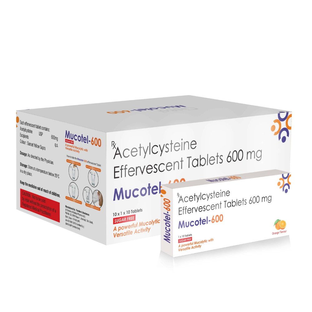 Acebrophylline Effervescent Tablets 600 Mg – Mucotel 600, Compositions of Acebrophylline Effervescent Tablets 600 Mg – Mucotel 600 are N-Acetylcysteine 600 MG (Sugar free -  Orange Color), Acebrophylline Effervescent Tablets 600 Mg – Mucotel 600 offered by CistaMedicorp