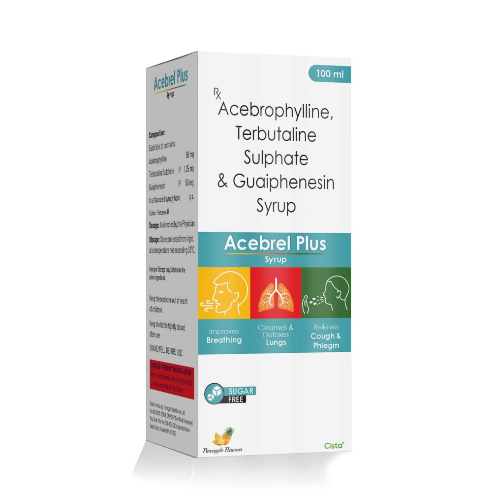 Acebrophylline, Terbutaline Sulphate & Guaiphenesin Syrup – Acebrel Plus, Compositions of Acebrophylline, Terbutaline Sulphate & Guaiphenesin Syrup – Acebrel Plus are Terbutaline Sulphate 1.25 mg  + Guaiphenesin 50 mg + Acebrophylline  50 mg, Acebrophylline, Terbutaline Sulphate & Guaiphenesin Syrup – Acebrel Plus offered by CistaMedicorp