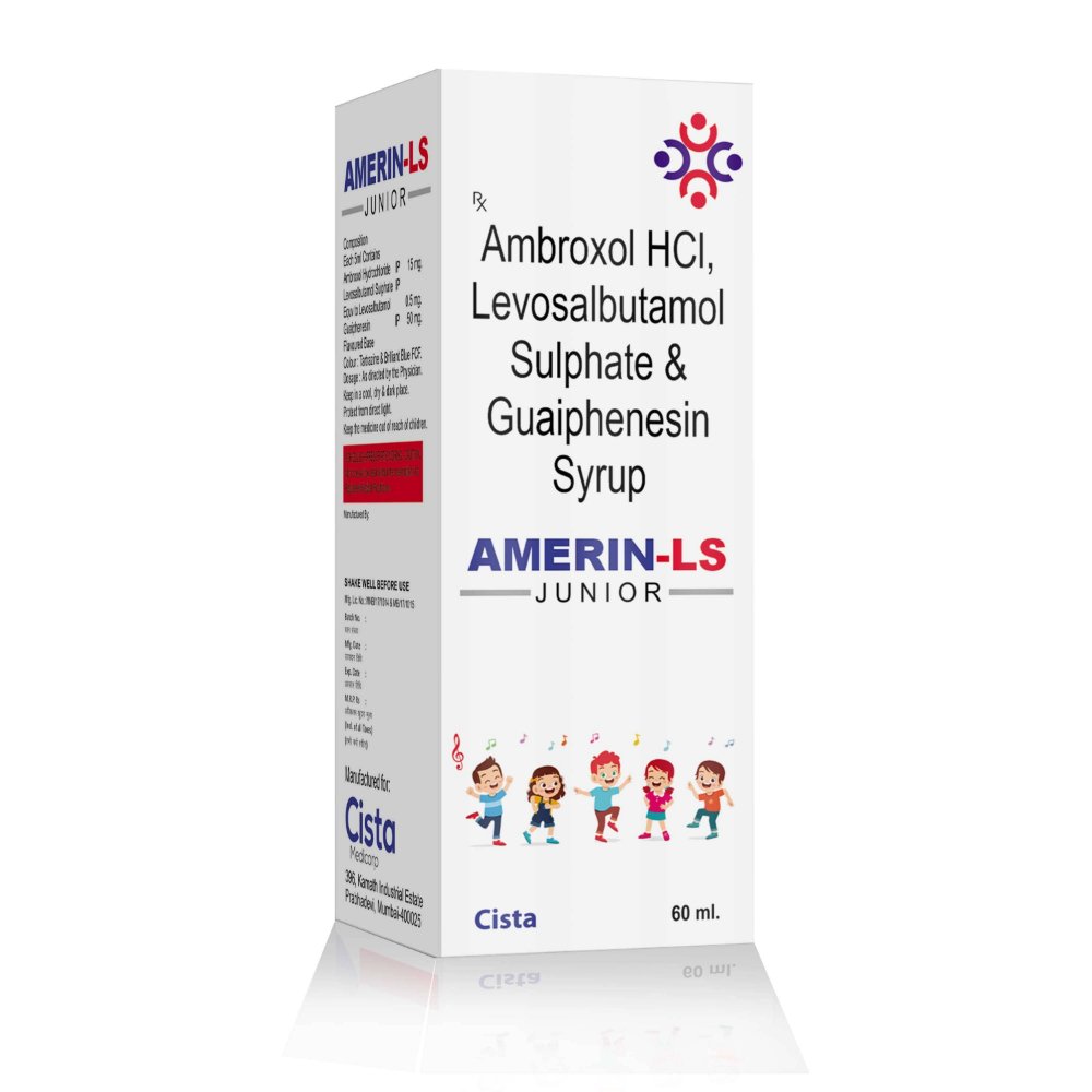 Ambroxol HCL, Levosalbutamol Sulphate & Guaiphenesin Syrup – Amerin LS 60, Compositions of Ambroxol HCL, Levosalbutamol Sulphate & Guaiphenesin Syrup – Amerin LS 60 are Ambroxol Hydrochloride 30 MG,  Guaiphensin IP 50 MG, Levosalbutamol 1  mg Syp, Ambroxol HCL, Levosalbutamol Sulphate & Guaiphenesin Syrup – Amerin LS 60 offered by CistaMedicorp