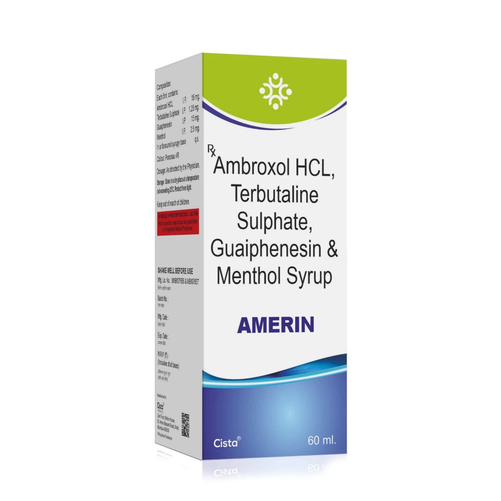 Ambroxol Hydrochloride 30mg, Guaiphenesin IP 100mg & Terbutaline Sulphate 2.5mg Syrup – Amerin 60, Compositions of Ambroxol Hydrochloride 30mg, Guaiphenesin IP 100mg & Terbutaline Sulphate 2.5mg Syrup – Amerin 60 are Ambroxol Hydrochloride 15 MG,  Guaiphensin IP 15 MG, Terbutaline  Sulphate 1.25 MG, Menthol 2.5 mg Syrup, Ambroxol Hydrochloride 30mg, Guaiphenesin IP 100mg & Terbutaline Sulphate 2.5mg Syrup – Amerin 60 offered by CistaMedicorp