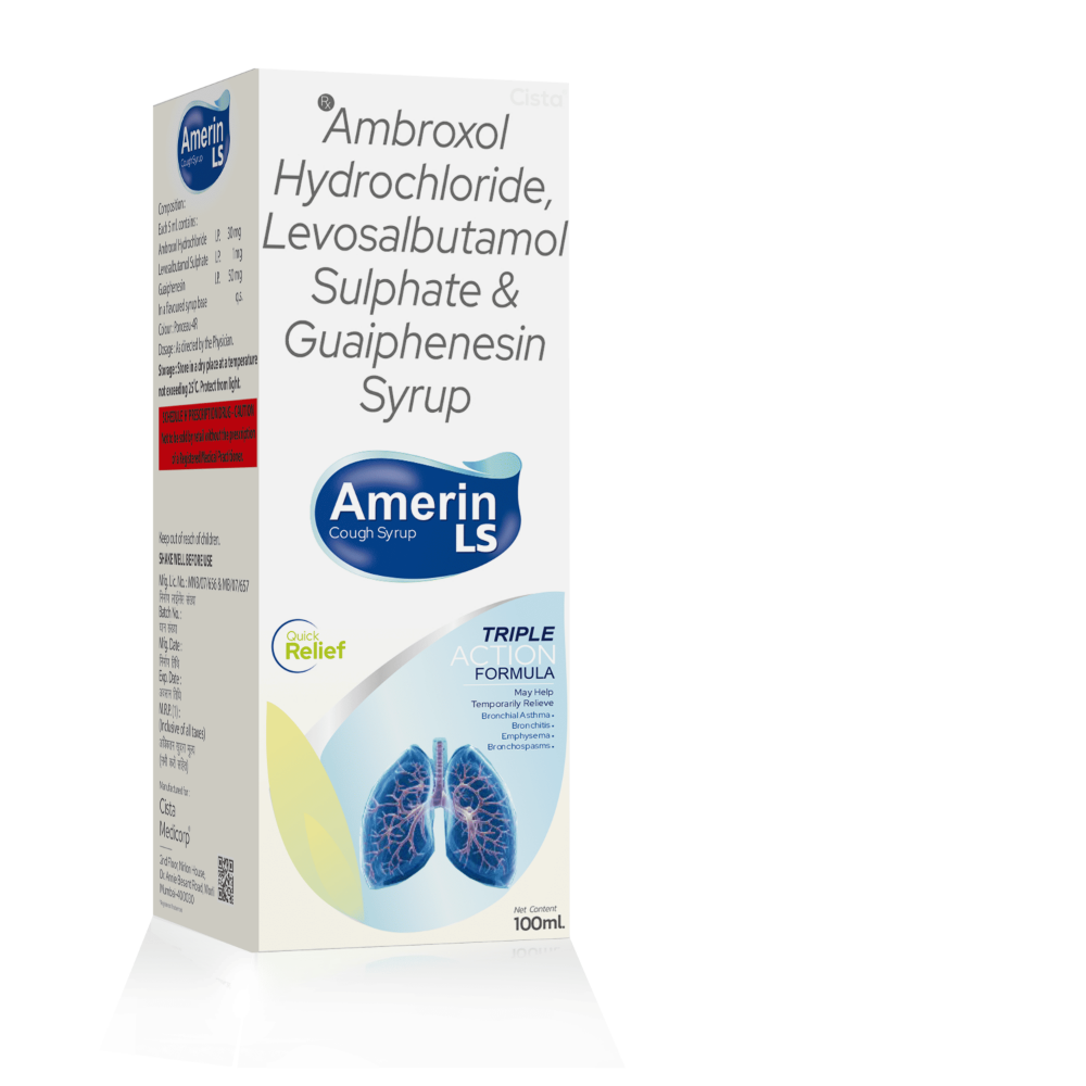 Ambroxol Hydrochloride, Levosalbutamol Sulphate & Guaifenesin Syrup – AMERIN LS 100 ML, Compositions of Ambroxol Hydrochloride, Levosalbutamol Sulphate & Guaifenesin Syrup – AMERIN LS 100 ML are Ambroxol Hydrochloride 30 MG,  Guaiphensin IP 50 MG, Levosalbutamol 1  mg Syp, Ambroxol Hydrochloride, Levosalbutamol Sulphate & Guaifenesin Syrup – AMERIN LS 100 ML offered by CistaMedicorp