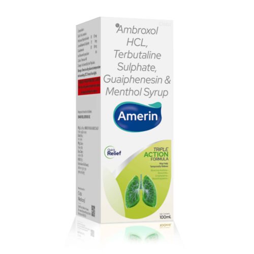 Ambroxol Hydrochloride, Terbutaline Sulphate, Guaiphenesin & Menthol Syrup – Amerin 100, Compositions of Ambroxol Hydrochloride, Terbutaline Sulphate, Guaiphenesin & Menthol Syrup – Amerin 100 are Ambroxol Hydrochloride 15 MG,  Guaiphensin IP 15 MG, Terbutaline  Sulphate 1.25 MG, Menthol 2.5 mg Syrup, Ambroxol Hydrochloride, Terbutaline Sulphate, Guaiphenesin & Menthol Syrup – Amerin 100 offered by Cista Medicorp