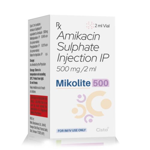 Amikacin Sulphate Injection IP 500 Mg – MIKOLITE 500, Compositions of Amikacin Sulphate Injection IP 500 Mg – MIKOLITE 500 are Amikacin Sulphate IP 500 mg each 2 ml, Amikacin Sulphate Injection IP 500 Mg – MIKOLITE 500 offered by Cista Medicorp