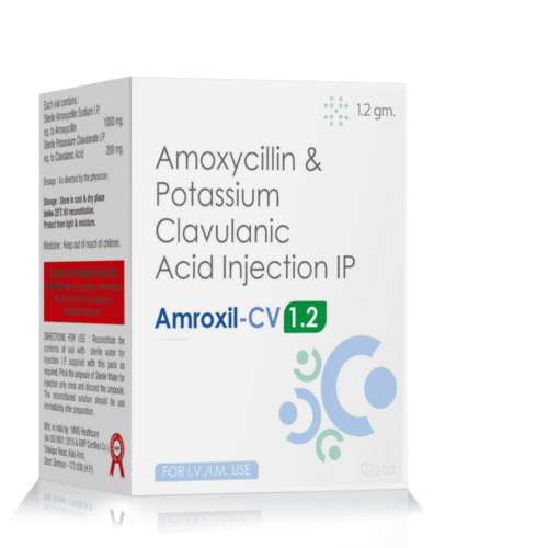 Amoxycillin & Potassium Clavulanate Injection IP – Amroxil CV  1.2, Compositions of Amoxycillin & Potassium Clavulanate Injection IP – Amroxil CV  1.2 are Amoxycillin 1000mg+Clavulanic Acid  200mg, Amoxycillin & Potassium Clavulanate Injection IP – Amroxil CV  1.2 offered by Cista Medicorp