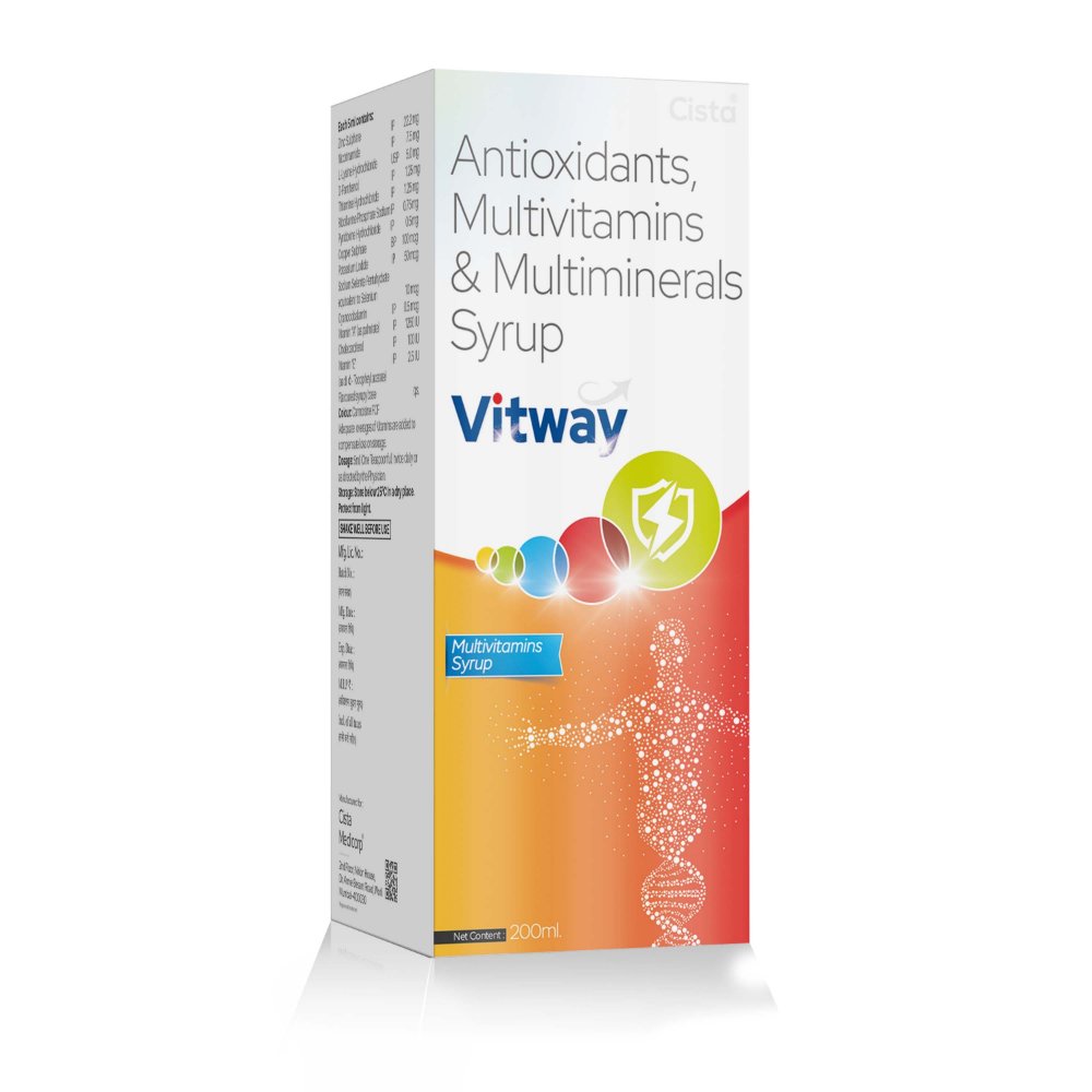 Antioxidants, Multivitamin & Multiminerals Syrup 200 ml – VITWAY Syrup  200 ml, Compositions of Antioxidants, Multivitamin & Multiminerals Syrup 200 ml – VITWAY Syrup  200 ml are Multivitamin, Multimineral With Zinc Syrup, Antioxidants, Multivitamin & Multiminerals Syrup 200 ml – VITWAY Syrup  200 ml offered by CistaMedicorp