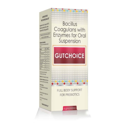 Bacillus Coagulans with Enzymes for Oral Suspension – GUTCHOICE, Compositions of Bacillus Coagulans with Enzymes for Oral Suspension – GUTCHOICE are Bacillus Coagulans (GBI 30,6086) 500  million, Alpha Amylase (1:800) 25 mg,  Pepsin (1:3000)- 10 mg, Lipase  (1:15000) 1.5 mg, Bacillus Coagulans with Enzymes for Oral Suspension – GUTCHOICE offered by Cista Medicorp