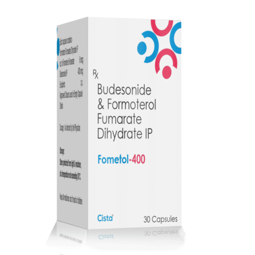 Budesonide Formoterol Fumarate Dihydrate Capsules – Fometol-400 Capsules, Compositions of Budesonide Formoterol Fumarate Dihydrate Capsules – Fometol-400 Capsules are Each Hardgel Capsule contains :-  Formoterol Fumarate 6MCG, Budesonide  400 MCG, Budesonide Formoterol Fumarate Dihydrate Capsules – Fometol-400 Capsules offered by Cista Medicorp