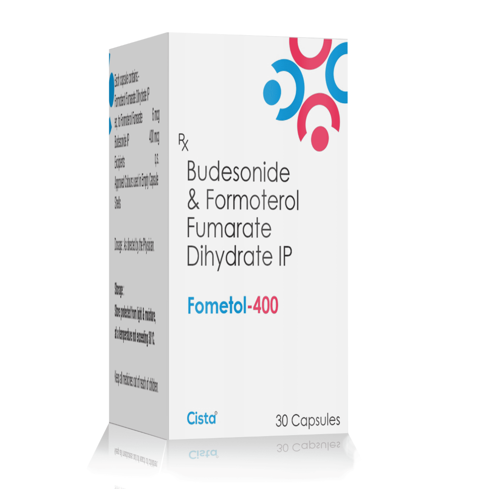 Budesonide Formoterol Fumarate Dihydrate Capsules – Fometol-400 Capsules, Compositions of Budesonide Formoterol Fumarate Dihydrate Capsules – Fometol-400 Capsules are Each Hardgel Capsule contains :-  Formoterol Fumarate 6MCG, Budesonide  400 MCG, Budesonide Formoterol Fumarate Dihydrate Capsules – Fometol-400 Capsules offered by CistaMedicorp