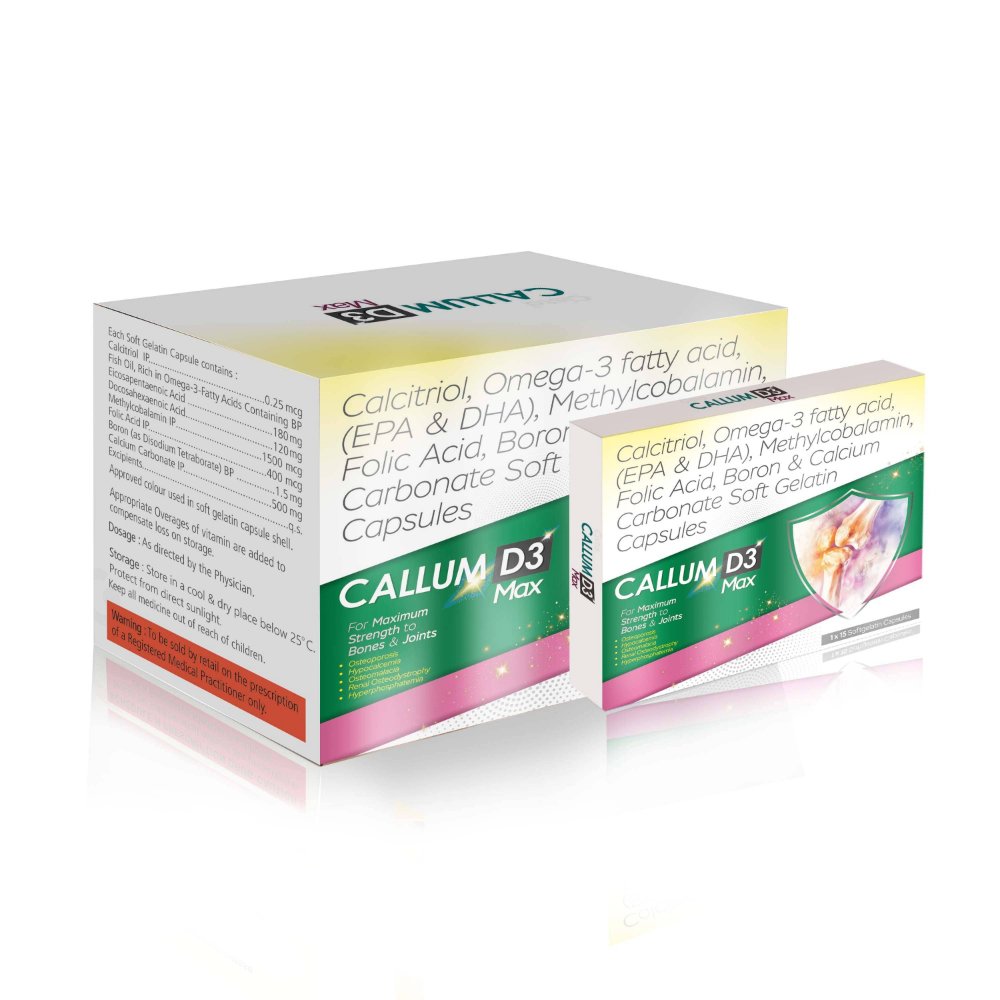 Calcitriol, Omega-3 Fatty Acid, Methylcobalamin, Folic Acid, Boron & Calcium Carbonate Soft Gelatin Capsules – Callum D3 Max, Compositions of Calcitriol, Omega-3 Fatty Acid, Methylcobalamin, Folic Acid, Boron & Calcium Carbonate Soft Gelatin Capsules – Callum D3 Max are Calcitriol 0.25mcg+Calcium Carbonate  500mg +Methylcobalamin 1500mcg +  EPA 180mg+ DHA 120 mg+ + Folic Acid  400mg+ Boron 1.5 mg, Calcitriol, Omega-3 Fatty Acid, Methylcobalamin, Folic Acid, Boron & Calcium Carbonate Soft Gelatin Capsules – Callum D3 Max offered by CistaMedicorp