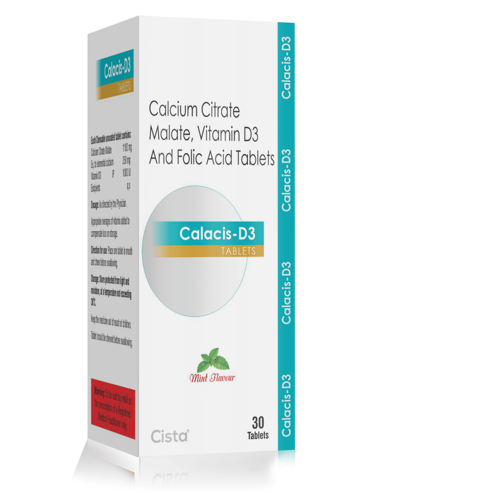 Calcium Citrate Malate Vitamin D3 & Folic Acid Tablets – Calacis D3 Tablets, Compositions of Calcium Citrate Malate Vitamin D3 & Folic Acid Tablets – Calacis D3 Tablets are CCM 1180+Elemental Calcium  250mg+Vitamin D3( chewable tablet), Calcium Citrate Malate Vitamin D3 & Folic Acid Tablets – Calacis D3 Tablets offered by CistaMedicorp