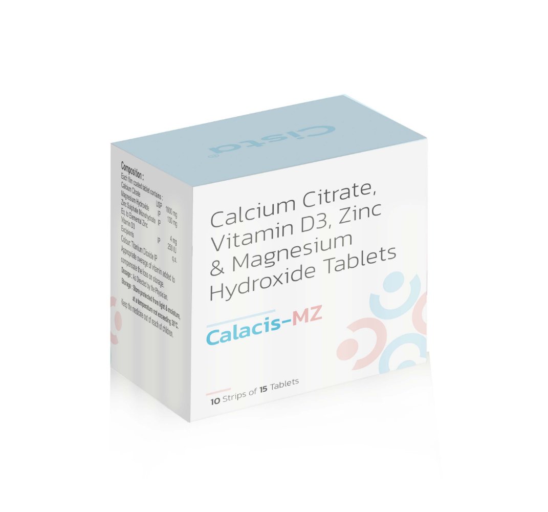 Calcium Citrate Vitamin D3 Zinc Magnesium Hydroxide Tablets – Calacis-MZ, Compositions of Calcium Citrate Vitamin D3 Zinc Magnesium Hydroxide Tablets – Calacis-MZ are Calcium Citrate USP 1000 mg +Magnesium Hydroxide IP 100 mg + Zinc Sulphate Monohydrate IP IP Eq. to Elemental Zinc 4 mg + Vitamin D3 250 IU, Calcium Citrate Vitamin D3 Zinc Magnesium Hydroxide Tablets – Calacis-MZ offered by CistaMedicorp