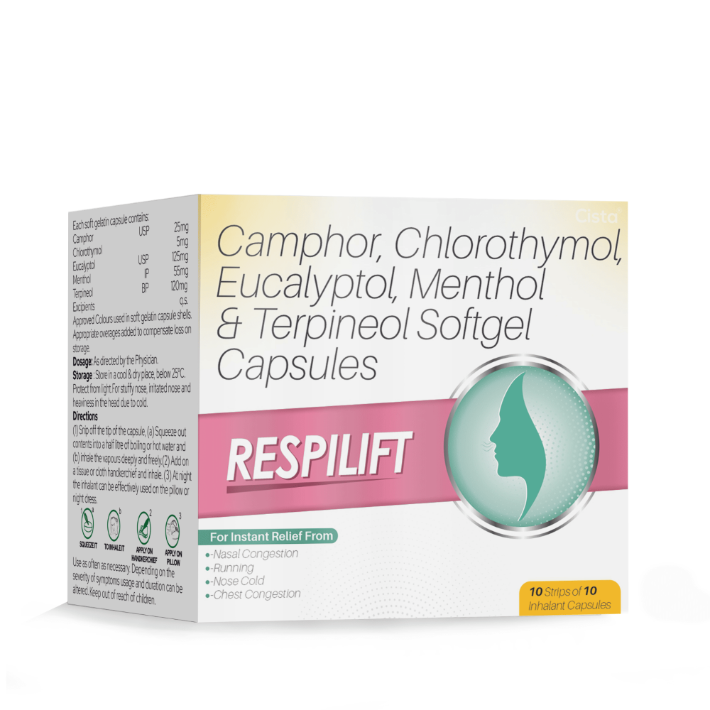 Camphor, Chlorothymol, Eucalyptol, Menthol & Terpineol Inhalant Soft Gelatin Capsules –  Respilift Capsules, Compositions of Camphor, Chlorothymol, Eucalyptol, Menthol & Terpineol Inhalant Soft Gelatin Capsules –  Respilift Capsules are Camphor 25mg + Chlorothymol 5mg + Eucalyptol 125mg + Menthol 55mg + Terpineol 120mg, Camphor, Chlorothymol, Eucalyptol, Menthol & Terpineol Inhalant Soft Gelatin Capsules –  Respilift Capsules offered by CistaMedicorp