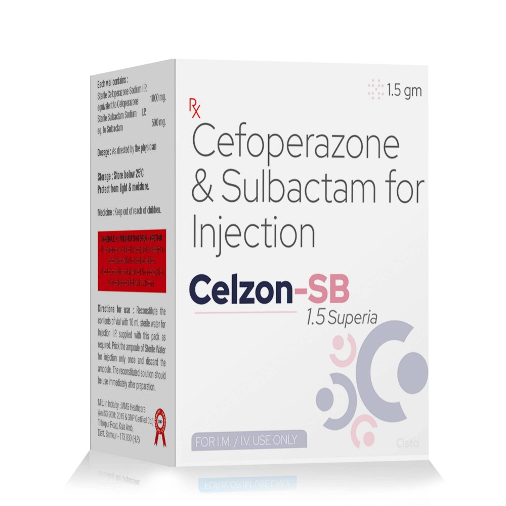 Cefoperazone & Sulbactam Injection – CELZON SB 1.5 (SUPERIA), Compositions of Cefoperazone & Sulbactam Injection – CELZON SB 1.5 (SUPERIA) are Cefoperazone 1gm + Sulbactam 500mg, Cefoperazone & Sulbactam Injection – CELZON SB 1.5 (SUPERIA) offered by CistaMedicorp