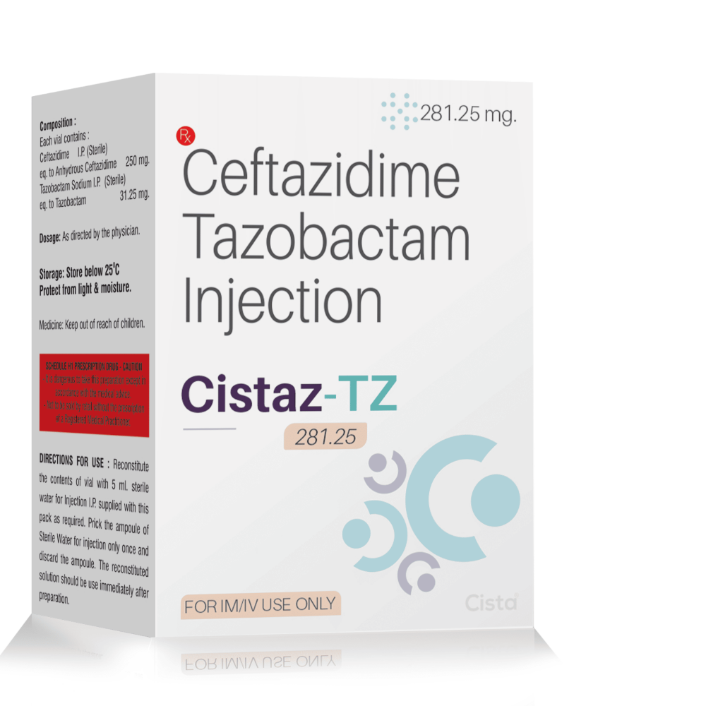 Ceftazidime 250 Mg & Tazobactam 31.25 Mg Injection – Cistaz TZ 281.25, Compositions of Ceftazidime 250 Mg & Tazobactam 31.25 Mg Injection – Cistaz TZ 281.25 are Ceftazidime 250mg + Tazobactum  31.25mg, Ceftazidime 250 Mg & Tazobactam 31.25 Mg Injection – Cistaz TZ 281.25 offered by CistaMedicorp