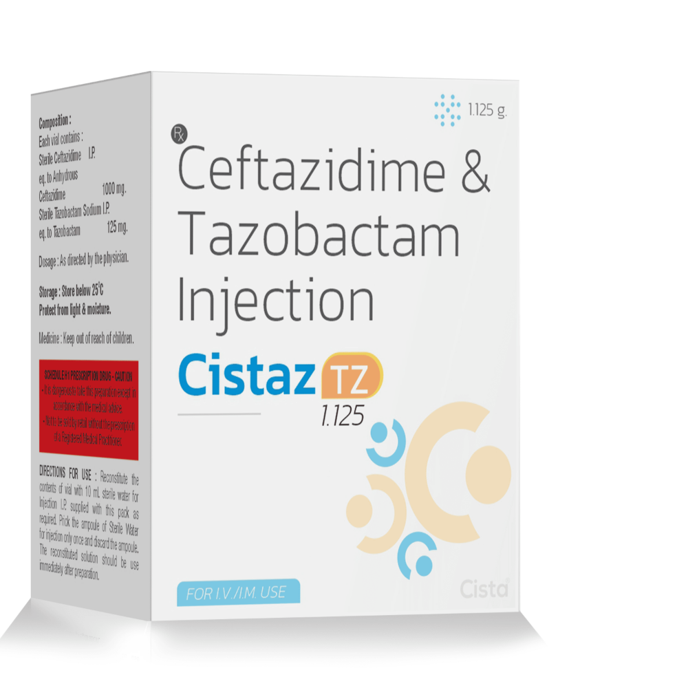 Ceftazidime & Tazobactam Injection – Cistaz TZ  1.125, Compositions of Ceftazidime & Tazobactam Injection – Cistaz TZ  1.125 are Ceftazidime 1gm + Tazobactum 125mg, Ceftazidime & Tazobactam Injection – Cistaz TZ  1.125 offered by CistaMedicorp