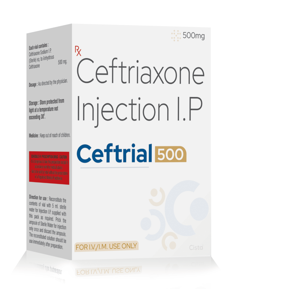 Ceftriaxone Injection IP 500 Mg – Ceftrial 500, Compositions of Ceftriaxone Injection IP 500 Mg – Ceftrial 500 are Ceftriaxone 500mg, Ceftriaxone Injection IP 500 Mg – Ceftrial 500 offered by CistaMedicorp