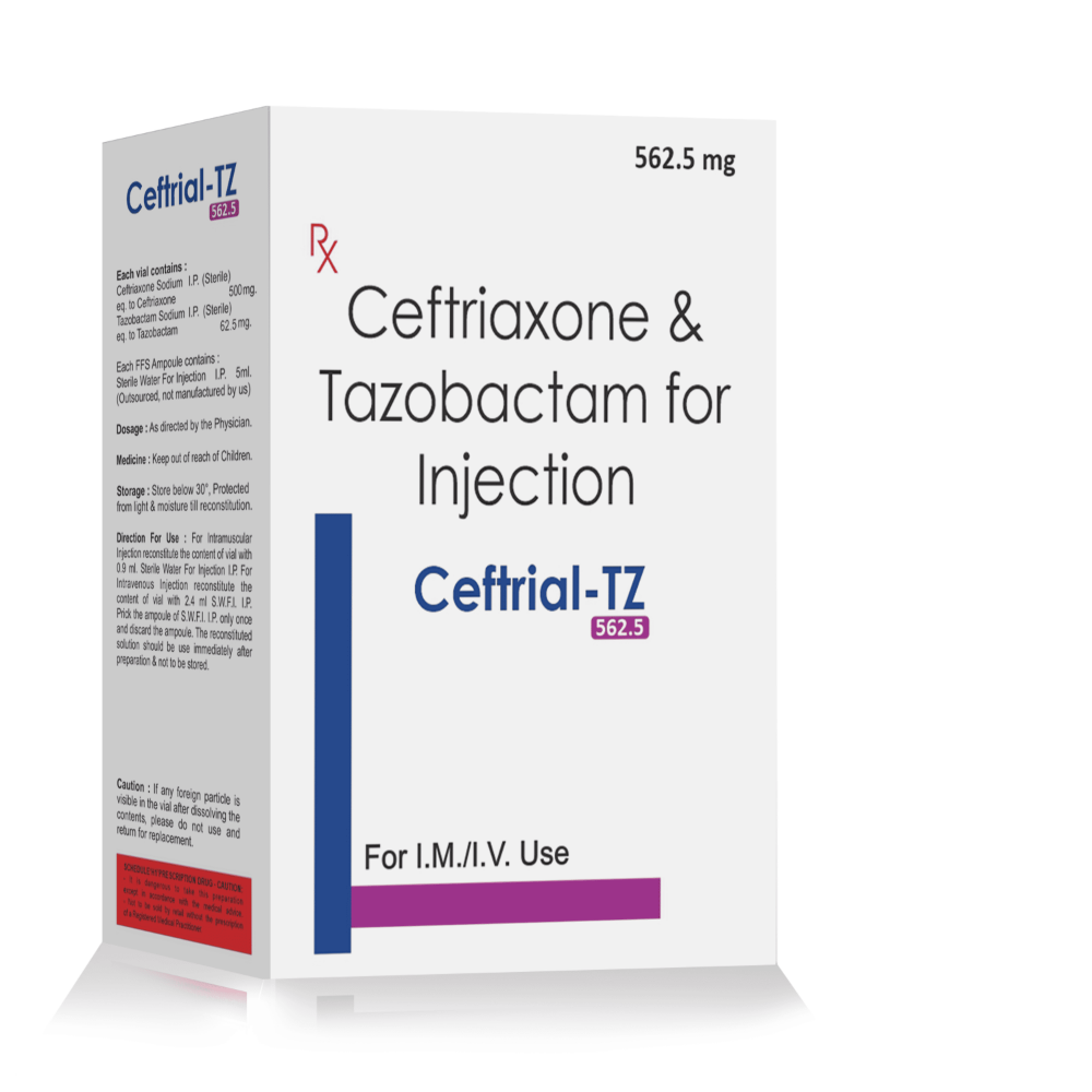 Ceftriaxone & Tazobactam for Injection – Ceftrial TZ  562.50, Compositions of Ceftriaxone & Tazobactam for Injection – Ceftrial TZ  562.50 are Ceftriaxone 500mg + Tazobactum  62.50mg, Ceftriaxone & Tazobactam for Injection – Ceftrial TZ  562.50 offered by CistaMedicorp