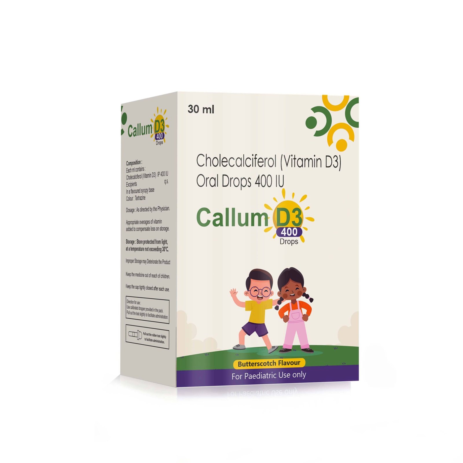 Cholecalciferol Vitamin D3 Oral Solution 400 IU – Callum D3 400 Drops, Compositions of Cholecalciferol Vitamin D3 Oral Solution 400 IU – Callum D3 400 Drops are vitamin D3 800 IU/ml, Cholecalciferol Vitamin D3 Oral Solution 400 IU – Callum D3 400 Drops offered by CistaMedicorp