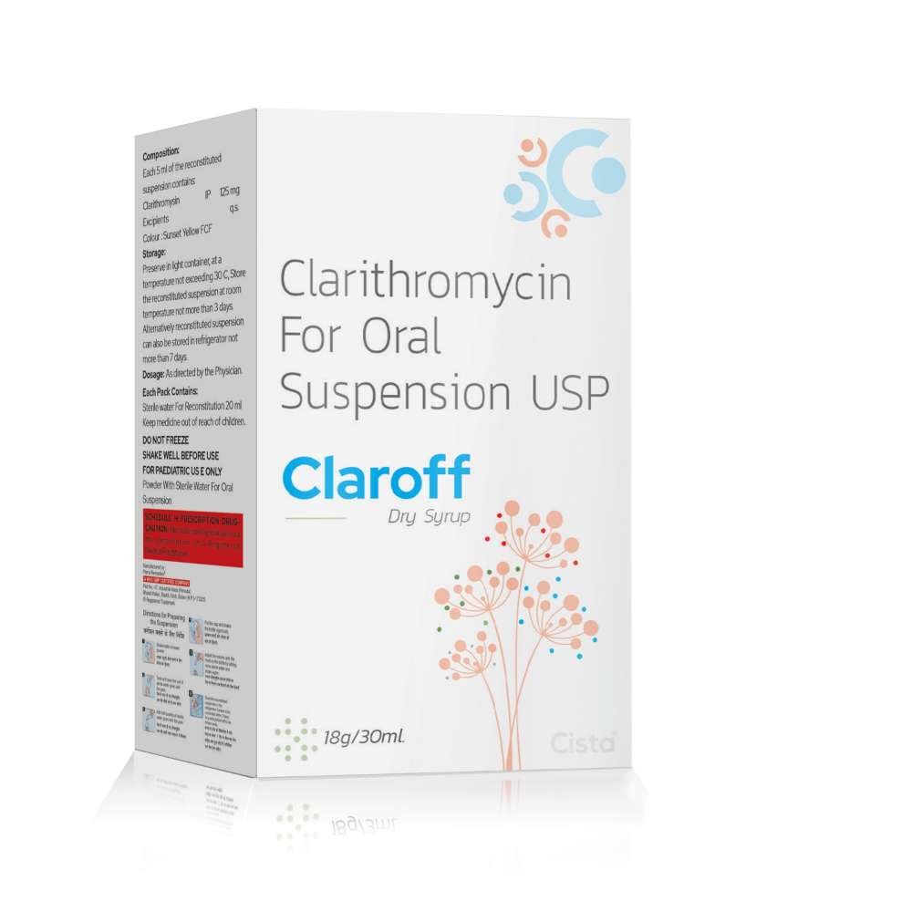 Clarithromycin Oral Suspension 125 Mg – Claroff, Compositions of Clarithromycin Oral Suspension 125 Mg – Claroff are Clarithromycin 125mg each 5 ml with  water, Clarithromycin Oral Suspension 125 Mg – Claroff offered by CistaMedicorp