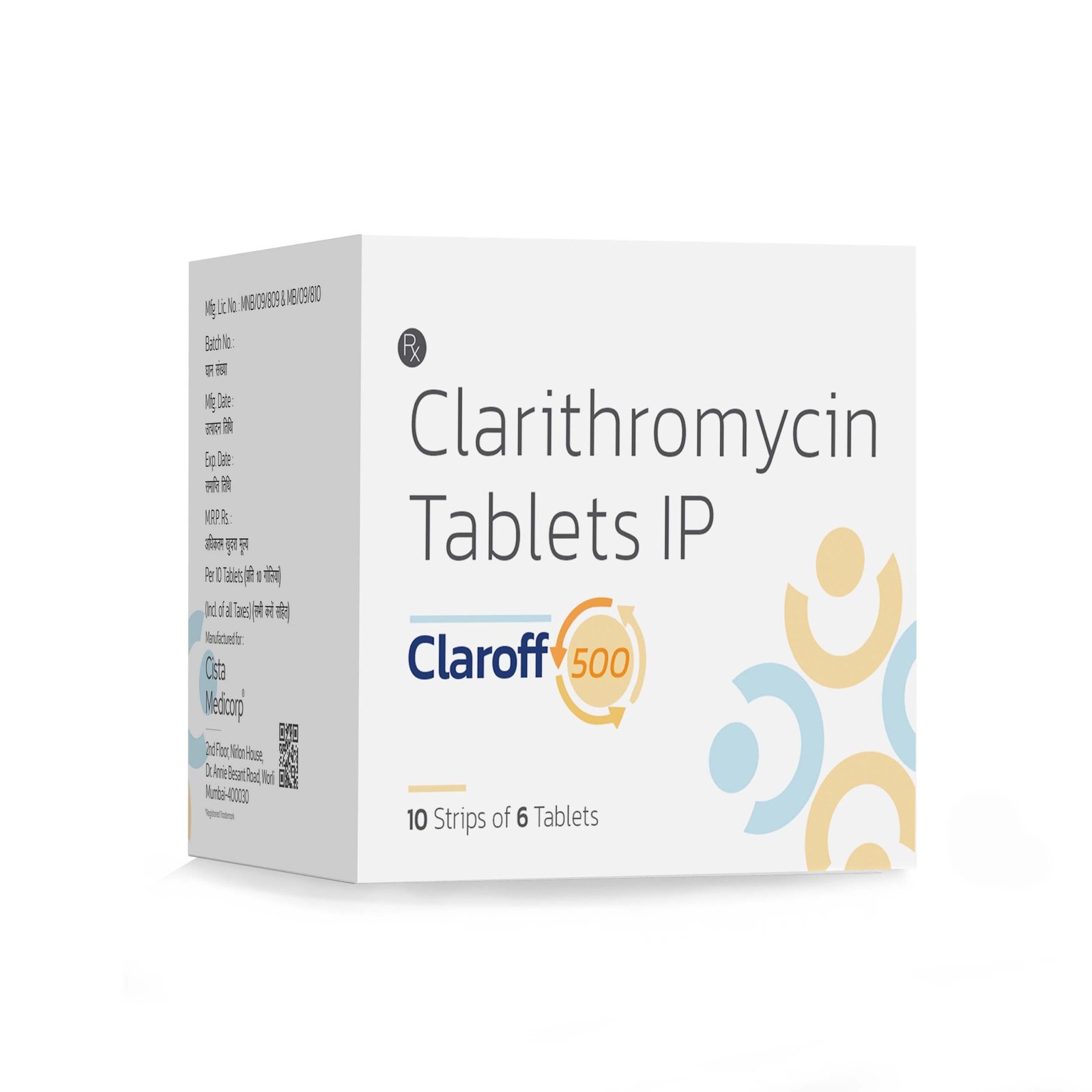 Clarithromycin Tablets IP 500 Mg – Claroff 500, Compositions of Clarithromycin Tablets IP 500 Mg – Claroff 500 are Clarithromycin 500 mg, Clarithromycin Tablets IP 500 Mg – Claroff 500 offered by CistaMedicorp