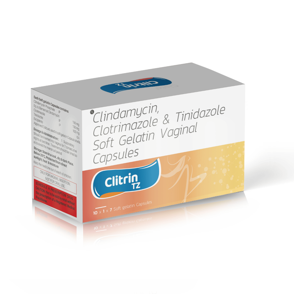 Clindamycin, Clotrimazole & Tinidazole Vaginal Soft Gelatin Capsules – CLITRIN TZ, Compositions of Clindamycin, Clotrimazole & Tinidazole Vaginal Soft Gelatin Capsules – CLITRIN TZ are Clindamycin phosphate 100 mg +  Clotrimazole Vaginal 100 mg. +  Tinidazole 100 mg, Clindamycin, Clotrimazole & Tinidazole Vaginal Soft Gelatin Capsules – CLITRIN TZ offered by CistaMedicorp