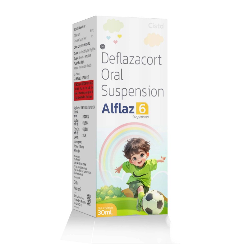 Deflazacort Oral Suspension – Alflaz 6 Suspension, Compositions of Deflazacort Oral Suspension – Alflaz 6 Suspension are Deflazacort 6mg/5ml, Deflazacort Oral Suspension – Alflaz 6 Suspension offered by CistaMedicorp