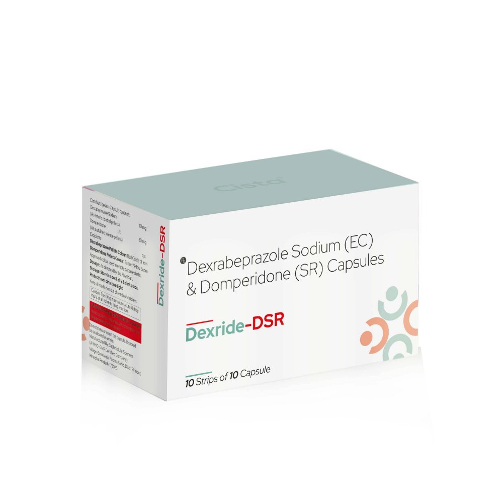 Dexrabeprazole Sodium (EC) & Domperidone (SR) Capsules – Dexride DSR, Compositions of Dexrabeprazole Sodium (EC) & Domperidone (SR) Capsules – Dexride DSR are Dexrabeprazole sodium 10 mg &  Domperidone 30 mg, Dexrabeprazole Sodium (EC) & Domperidone (SR) Capsules – Dexride DSR offered by CistaMedicorp