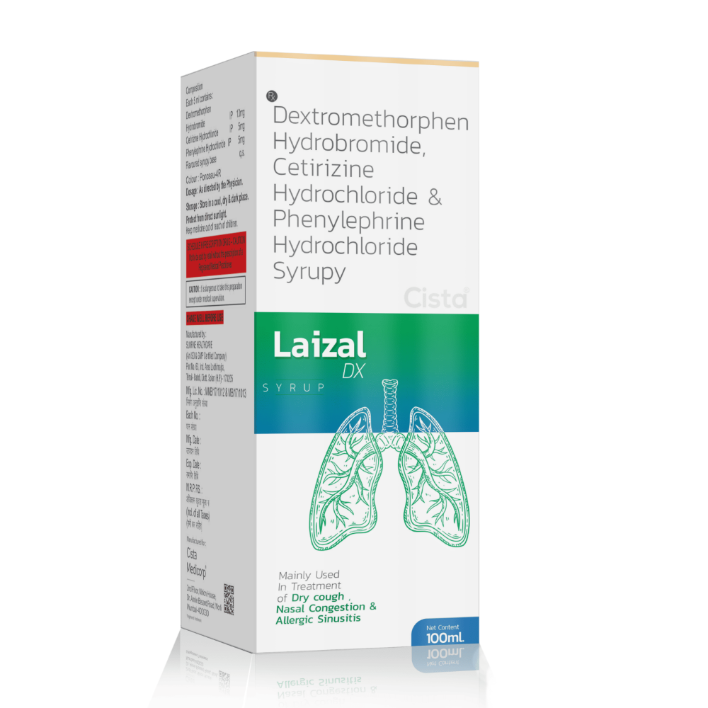 Dextromethorphan HBr, Cetirizine HCl & Phenylephrine HCl Syrup – Laizal-DX 100 Ml, Compositions of Dextromethorphan HBr, Cetirizine HCl & Phenylephrine HCl Syrup – Laizal-DX 100 Ml are Dextromethorphen Hydrobromide 10  mg + Cetirizine Hydrochloride 5 mg +  Phenylephrine Hydrochloride 5 mg Flavoured syrupy base, Dextromethorphan HBr, Cetirizine HCl & Phenylephrine HCl Syrup – Laizal-DX 100 Ml offered by CistaMedicorp