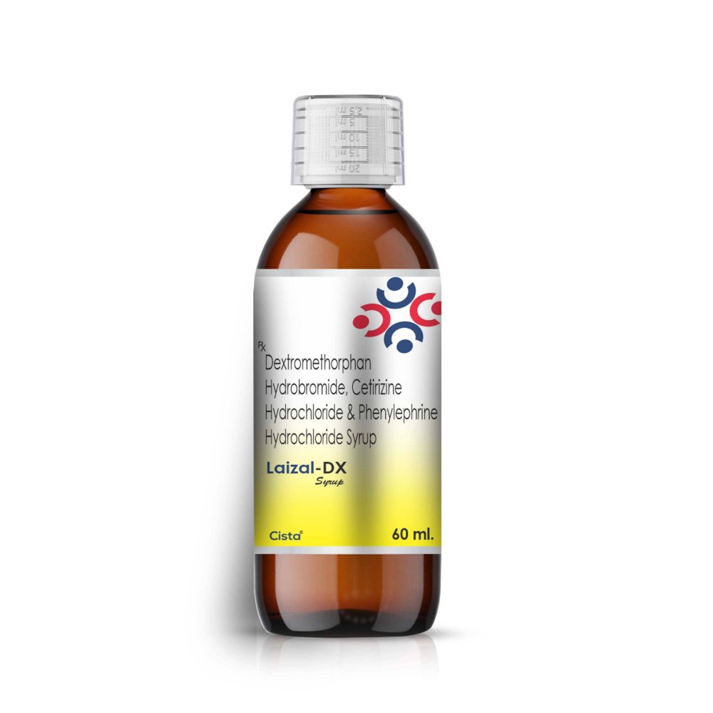Dextromethorphan HBr, Cetirizine HCl & Phenylephrine HCl Syrup – Laizal-DX 60 Ml, Compositions of Dextromethorphan HBr, Cetirizine HCl & Phenylephrine HCl Syrup – Laizal-DX 60 Ml are Dextromethorphen Hydrobromide 10  mg + Cetirizine Hydrochloride 5 mg +  Phenylephrine Hydrochloride 5 mg Flavoured syrupy base, Dextromethorphan HBr, Cetirizine HCl & Phenylephrine HCl Syrup – Laizal-DX 60 Ml offered by CistaMedicorp