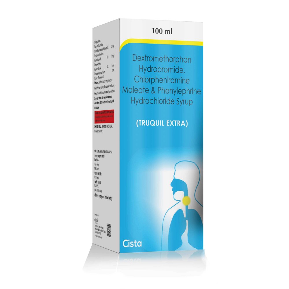 Dextromethorphan Hydrobromide, Chlorpheniramine Maleate & Phenylephrine Hydrochloride Syrup – Truquil EXTRA, Compositions of Dextromethorphan Hydrobromide, Chlorpheniramine Maleate & Phenylephrine Hydrochloride Syrup – Truquil EXTRA are Dextromethorphen 15 mg +  Chlorphenrimine maleate 2 mg +  Phenylephrine 5 mg, Dextromethorphan Hydrobromide, Chlorpheniramine Maleate & Phenylephrine Hydrochloride Syrup – Truquil EXTRA offered by CistaMedicorp