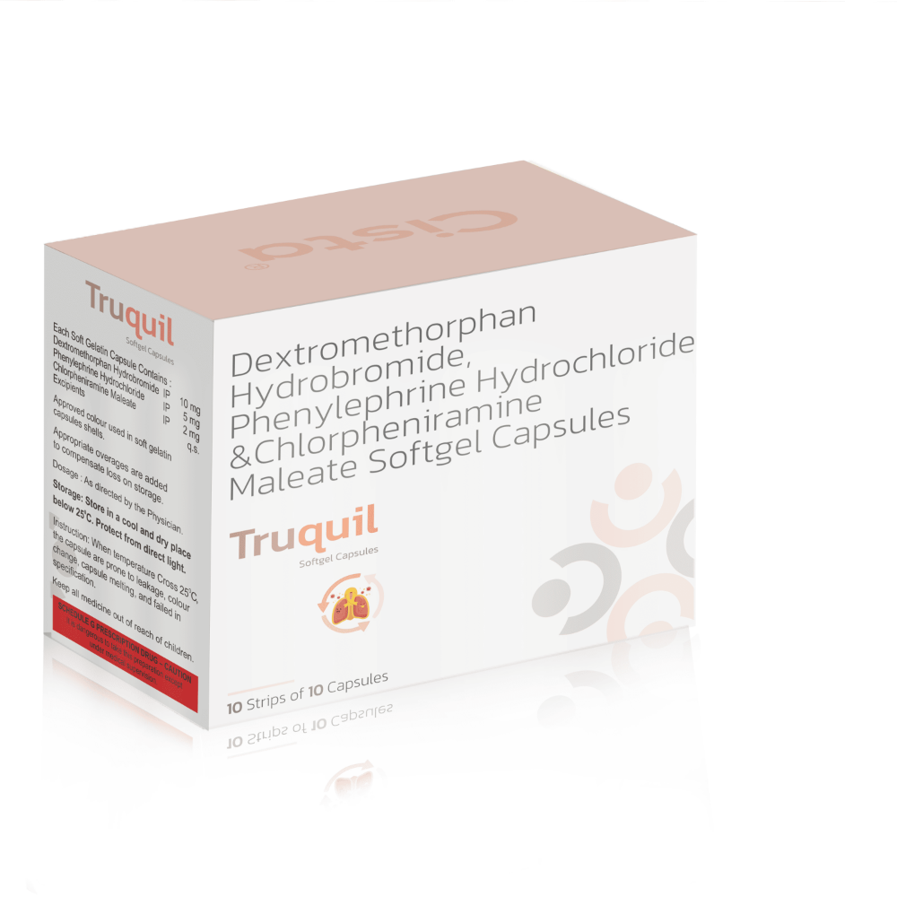 Dextromethorphan Hydrobromide, Phenylephrine HCl & Chlorpheniramine Maleate Softgel Capsules – Truquil Capsules, Compositions of Dextromethorphan Hydrobromide, Phenylephrine HCl & Chlorpheniramine Maleate Softgel Capsules – Truquil Capsules are Dextromethorphan Hydrbromide IP 10mg + Chlorphenramine maleate 2 mg + Phenylephrine 5 mg, Dextromethorphan Hydrobromide, Phenylephrine HCl & Chlorpheniramine Maleate Softgel Capsules – Truquil Capsules offered by CistaMedicorp