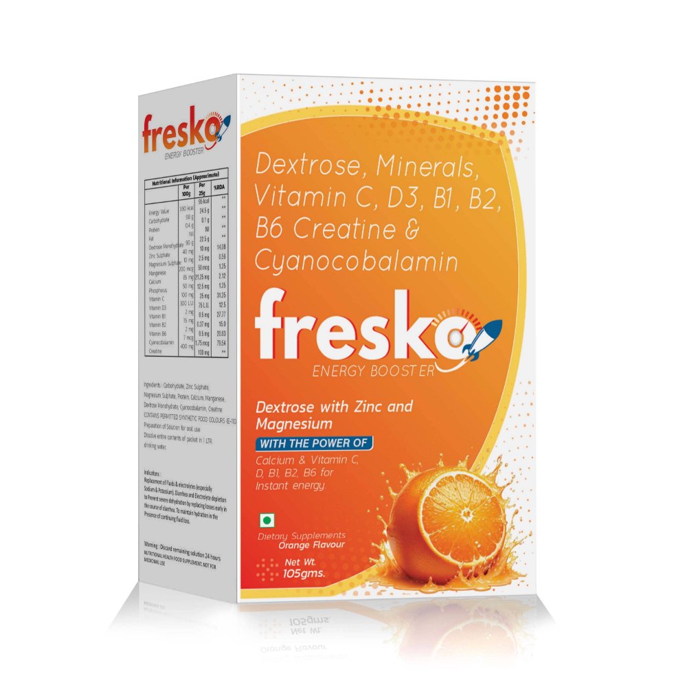 Dextrose, Minerals, Vitamin C, D3, B1, B2, B6, Creatine & Cyanocobalamin – FRESKO ENERGY Booster, Compositions of Dextrose, Minerals, Vitamin C, D3, B1, B2, B6, Creatine & Cyanocobalamin – FRESKO ENERGY Booster are Dextrose with Zinc and Magnesium (AS PER PREVIOUS), Dextrose, Minerals, Vitamin C, D3, B1, B2, B6, Creatine & Cyanocobalamin – FRESKO ENERGY Booster offered by CistaMedicorp