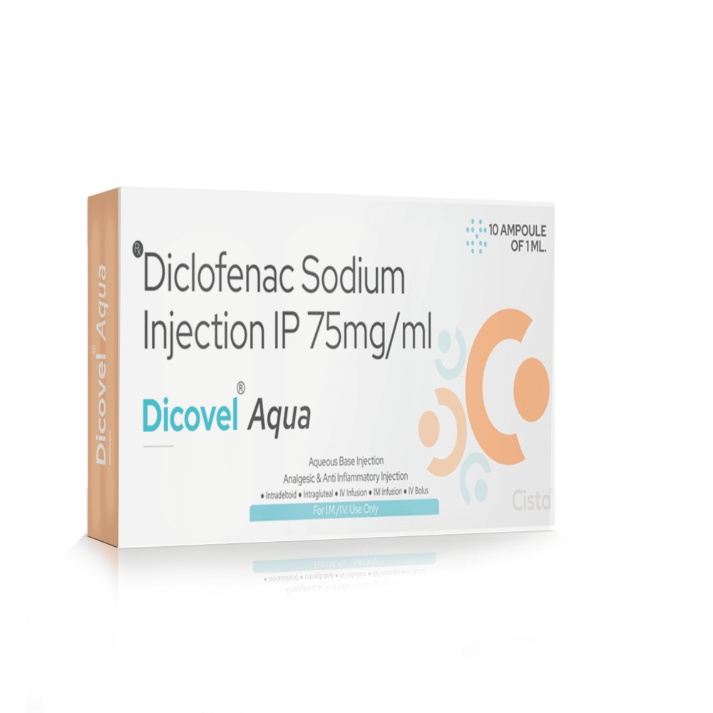 Diclofenac Sodium Injection IP 75 Mg – Dicovel Aqua, Compositions of Diclofenac Sodium Injection IP 75 Mg – Dicovel Aqua are Diclofenac Sodium 75mg,Benzyl Alcohol  4%w/v, Diclofenac Sodium Injection IP 75 Mg – Dicovel Aqua offered by CistaMedicorp