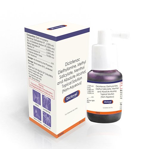 Diclovel Topical Solution with Each ml contains: Diclofenac  Diethylamine I.P l 2.32% w/v (E.q to  diclofenac sodium I.P 2.00% w/v)  Methyl Salicylate I.P 10.00% w/v  Menthol I.P 5.00% w/v Absolute  Alcohal I.P 10.00% w/v In topical  solution base (Non Aqueous ) Q.S 