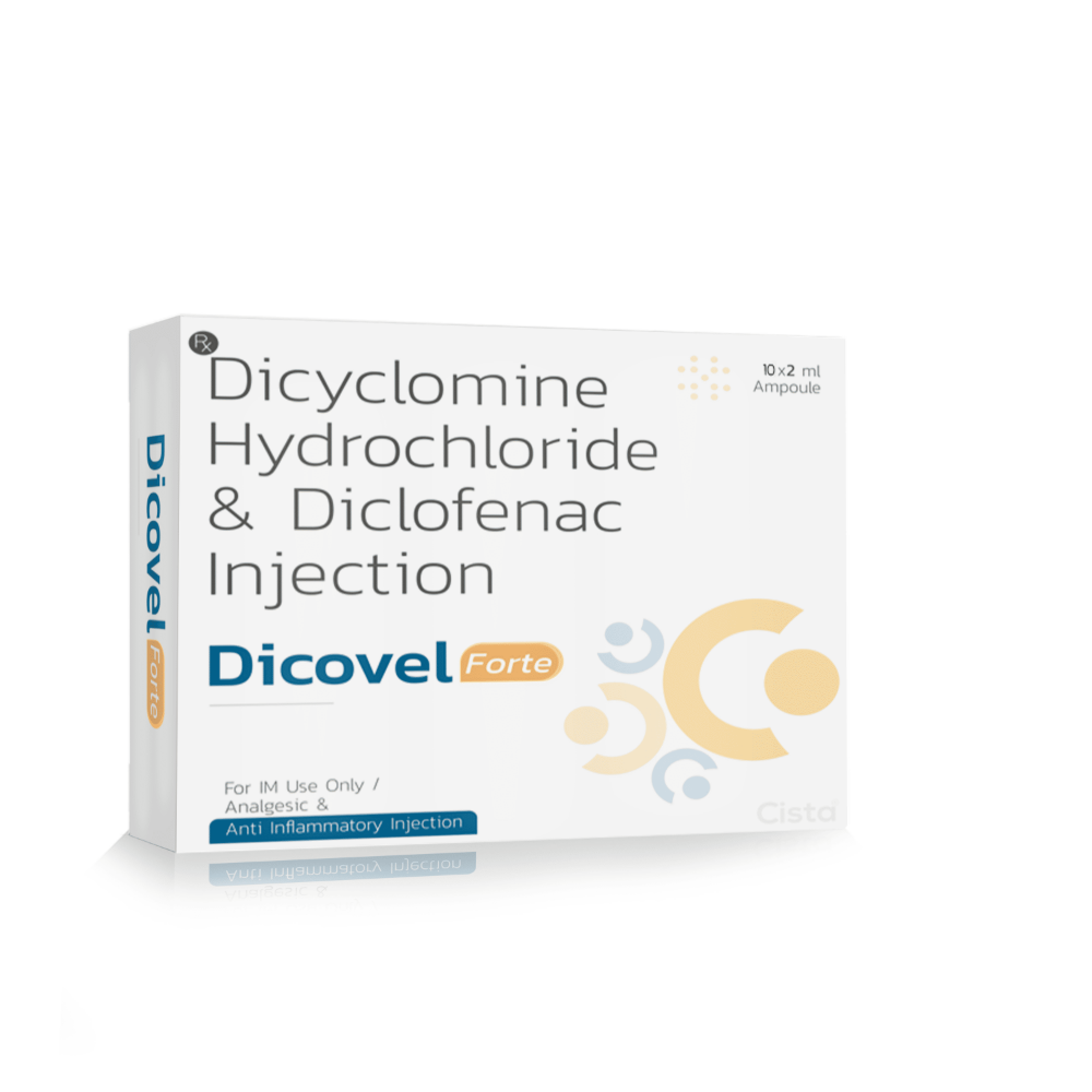 Dicyclomine Hydrochloride & Diclofenac Sodium Injection – Dicovel Forte, Compositions of Dicyclomine Hydrochloride & Diclofenac Sodium Injection – Dicovel Forte are Dicyclomine HCl 10 mg+ Diclofenac  Sodium 25mg, Dicyclomine Hydrochloride & Diclofenac Sodium Injection – Dicovel Forte offered by CistaMedicorp
