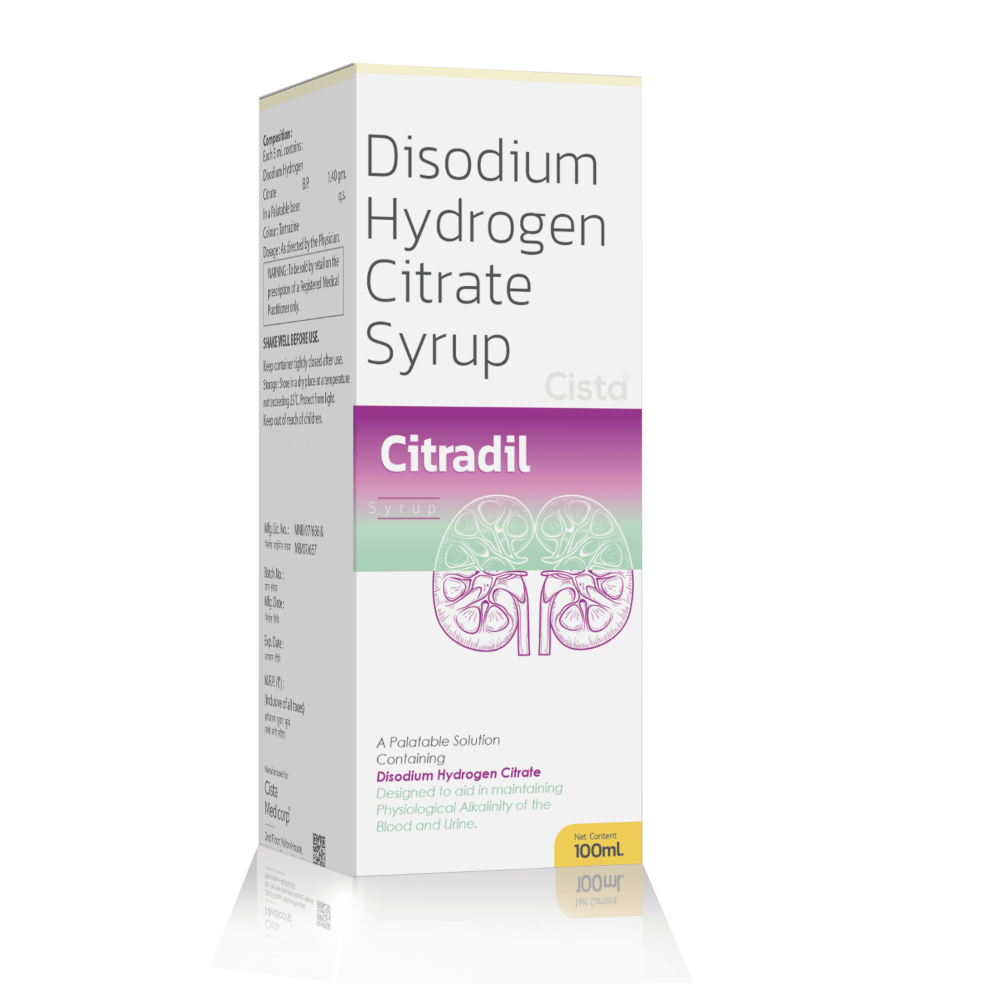 Disodium Hydrogen Citrate Syrup – CITRADIL Syrup, Compositions of Disodium Hydrogen Citrate Syrup – CITRADIL Syrup are Disodium Hydrogen Citrate 104 gm,in flavoured syrup base, Disodium Hydrogen Citrate Syrup – CITRADIL Syrup offered by CistaMedicorp
