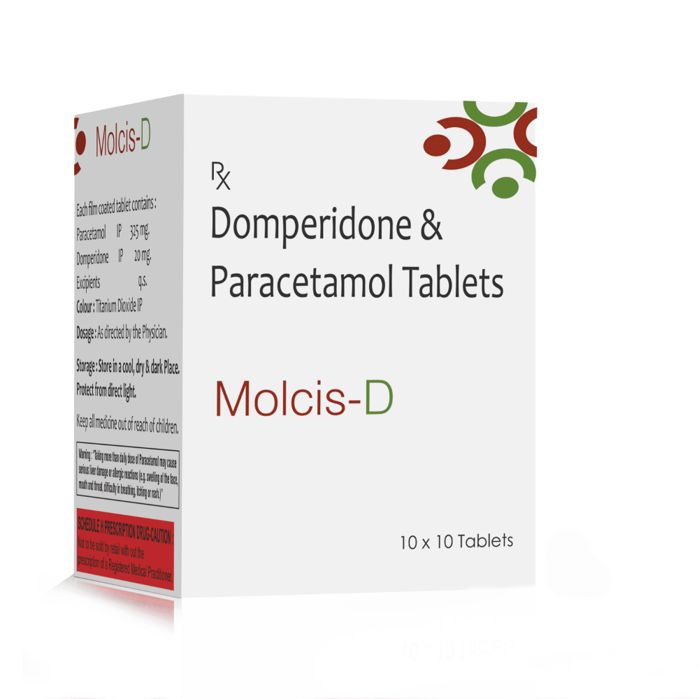 Domperidone & Paracetamol Tablets – Molcis D, Compositions of Domperidone & Paracetamol Tablets – Molcis D are Paracetamol 325mg + Domperidone 20  mg, Domperidone & Paracetamol Tablets – Molcis D offered by CistaMedicorp