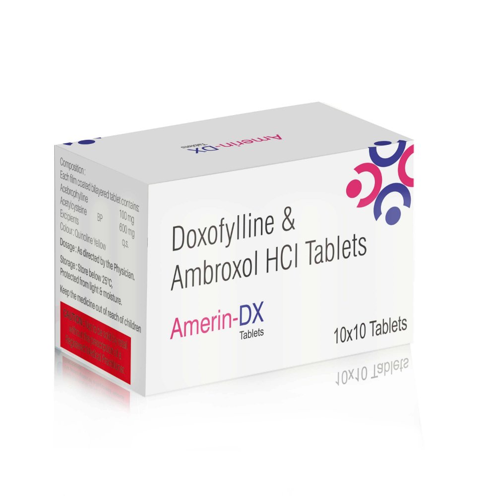 Doxophylline & Ambroxol Hydrochloride Tablets – Amerin Dx, Compositions of Doxophylline & Ambroxol Hydrochloride Tablets – Amerin Dx are Doxophylline Ip 400 Mg + Ambroxol  Hydrochloride Ip 30 Mg, Doxophylline & Ambroxol Hydrochloride Tablets – Amerin Dx offered by CistaMedicorp