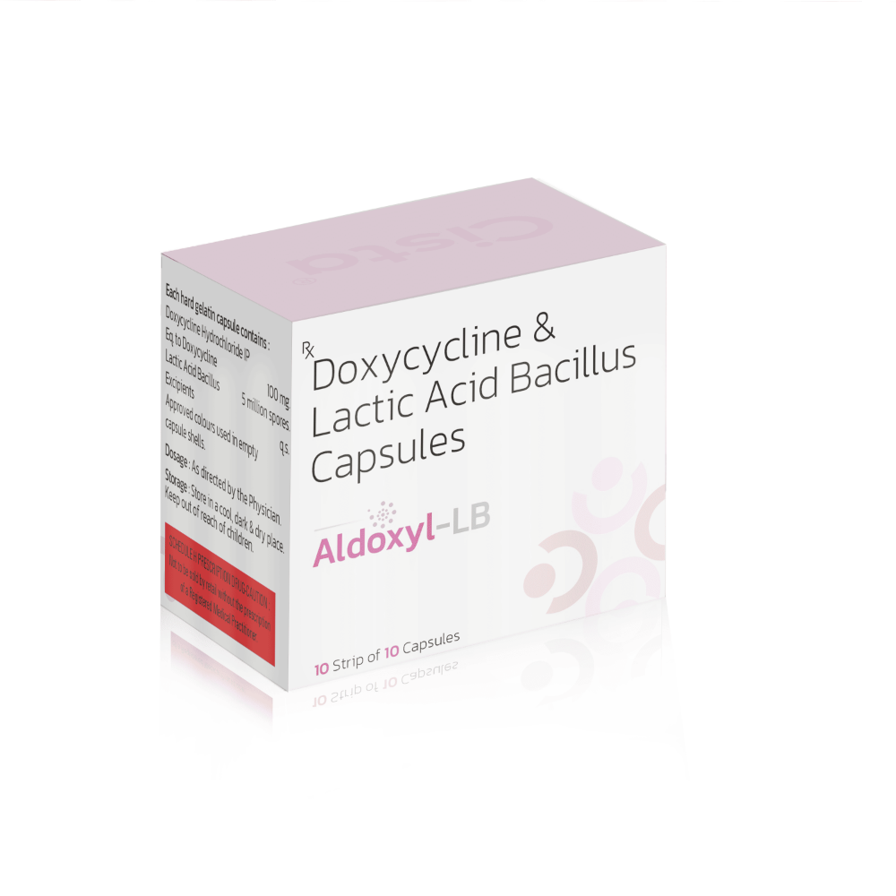 Doxycycline & Lactic Acid Bacillus Capsules – Aldoxyl LB Capsules, Compositions of Doxycycline & Lactic Acid Bacillus Capsules – Aldoxyl LB Capsules are Doxycycline HCl 100mg (Disp) with  Lactic Acid Bacillus, Doxycycline & Lactic Acid Bacillus Capsules – Aldoxyl LB Capsules offered by CistaMedicorp