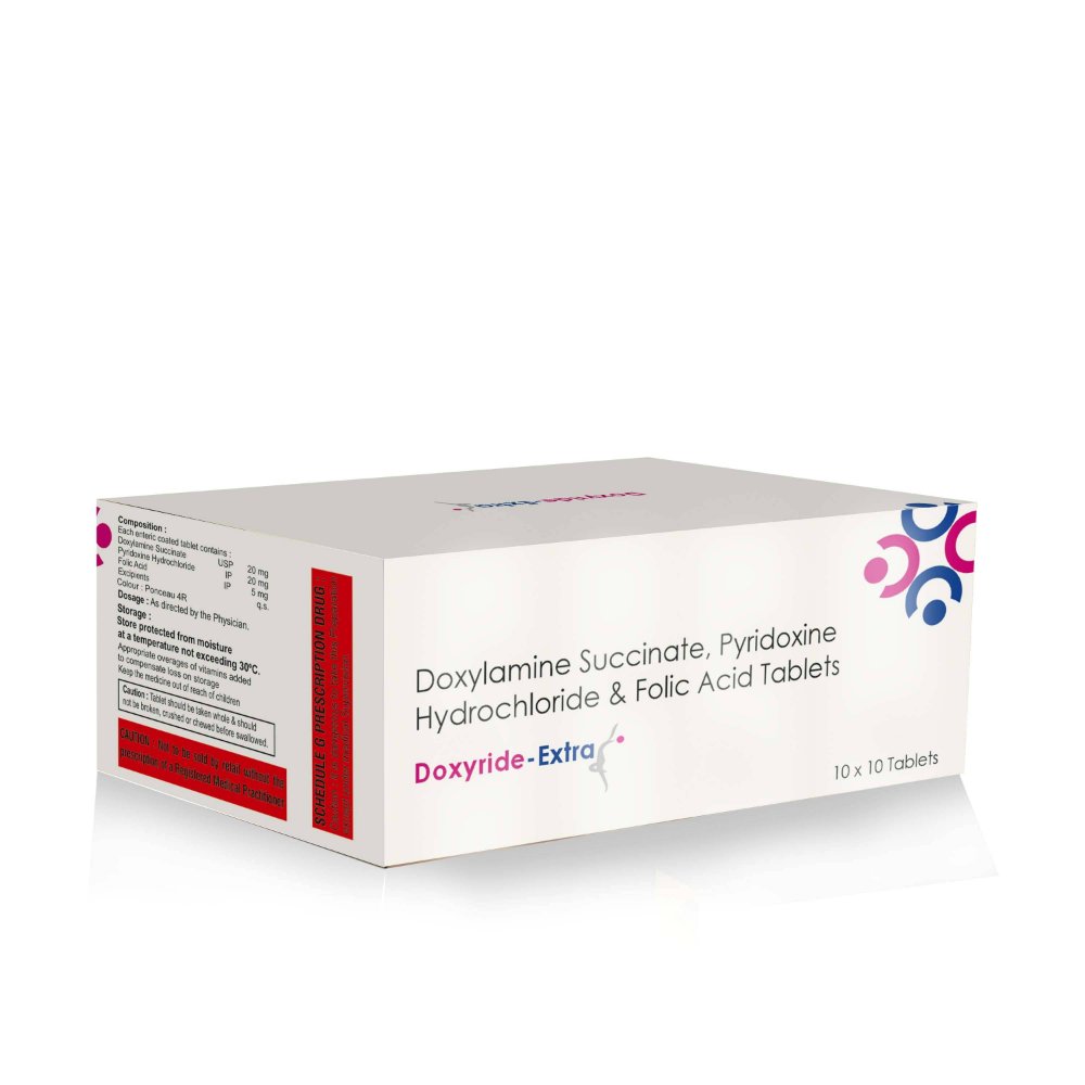 Doxylamine Succinate, Pyridoxine Hydrochloride & Folic Acid Tablets – Doxyride Extra, Compositions of Doxylamine Succinate, Pyridoxine Hydrochloride & Folic Acid Tablets – Doxyride Extra are Doxylamine Succinate 20 mg & Pyridoxine hydrochloride 20 mg & Folic Acid 5MG, Doxylamine Succinate, Pyridoxine Hydrochloride & Folic Acid Tablets – Doxyride Extra offered by CistaMedicorp