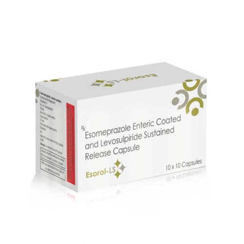 Esomeprazole Enteric Coated & Levosulpiride Sustained Release Capsules – Esorol LS, Compositions of Esomeprazole Enteric Coated & Levosulpiride Sustained Release Capsules – Esorol LS are Esomeprazole 40mg + Levosulpiride 75  mg, Esomeprazole Enteric Coated & Levosulpiride Sustained Release Capsules – Esorol LS offered by Cista Medicorp