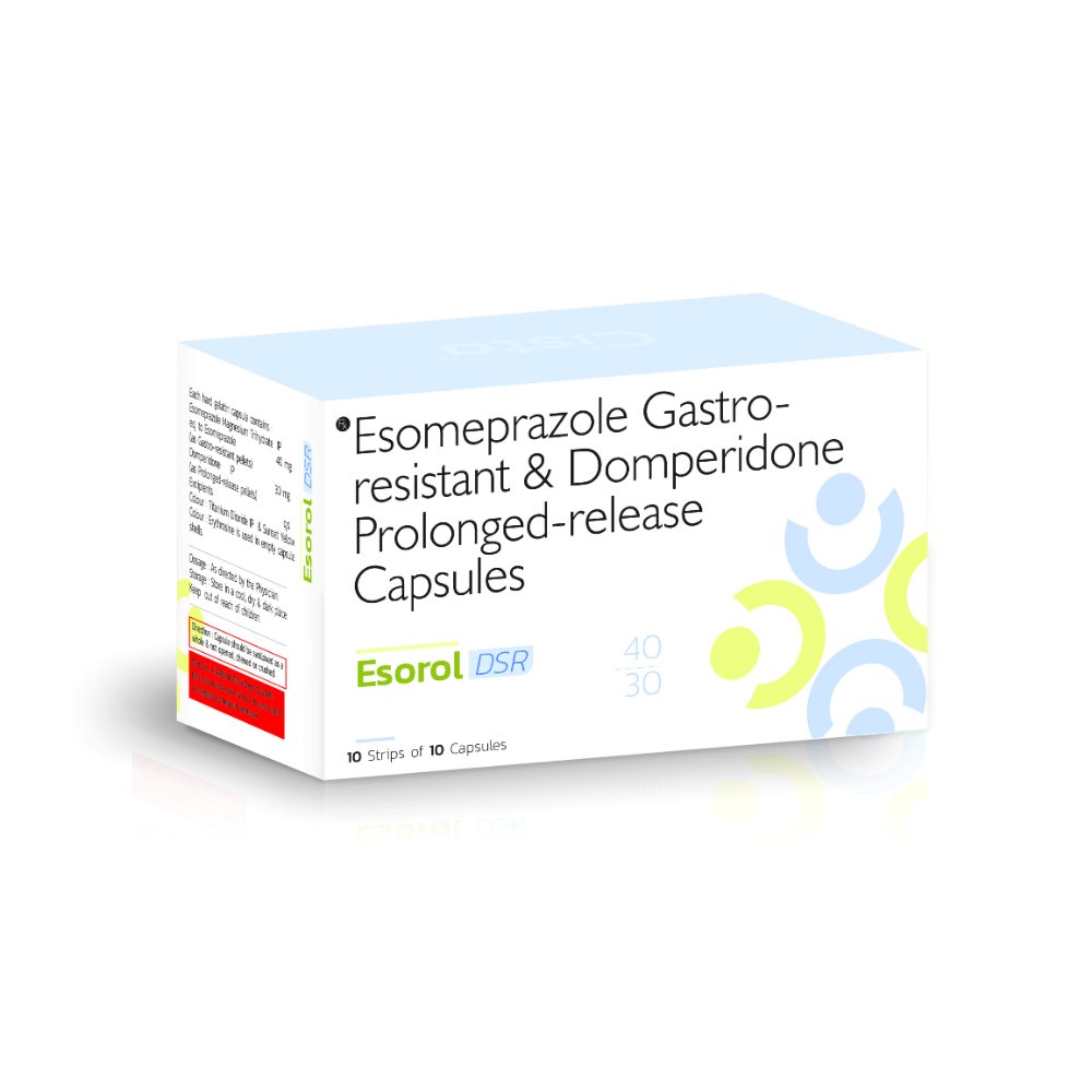 Esomeprazole Gastro Resistant & Domperidone Prolonged Release Capsules – Esorol DSR, Compositions of Esomeprazole Gastro Resistant & Domperidone Prolonged Release Capsules – Esorol DSR are Esomeprazole 40mg + Domperidone  30mg SR Capsules, Esomeprazole Gastro Resistant & Domperidone Prolonged Release Capsules – Esorol DSR offered by CistaMedicorp
