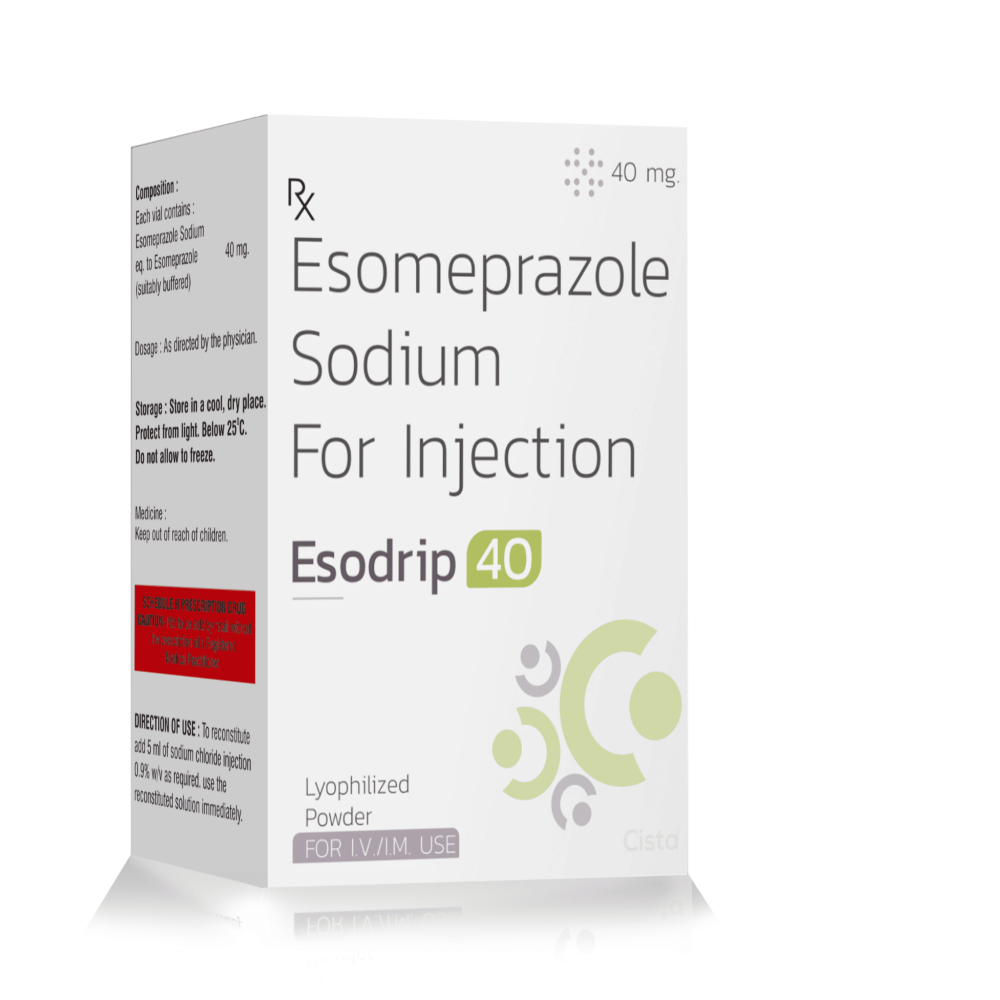 Esomeprazole Sodium for Injection 40 Mg – Esodrip 40, Compositions of Esomeprazole Sodium for Injection 40 Mg – Esodrip 40 are Esomeprazole 40mg Inj, Esomeprazole Sodium for Injection 40 Mg – Esodrip 40 offered by CistaMedicorp