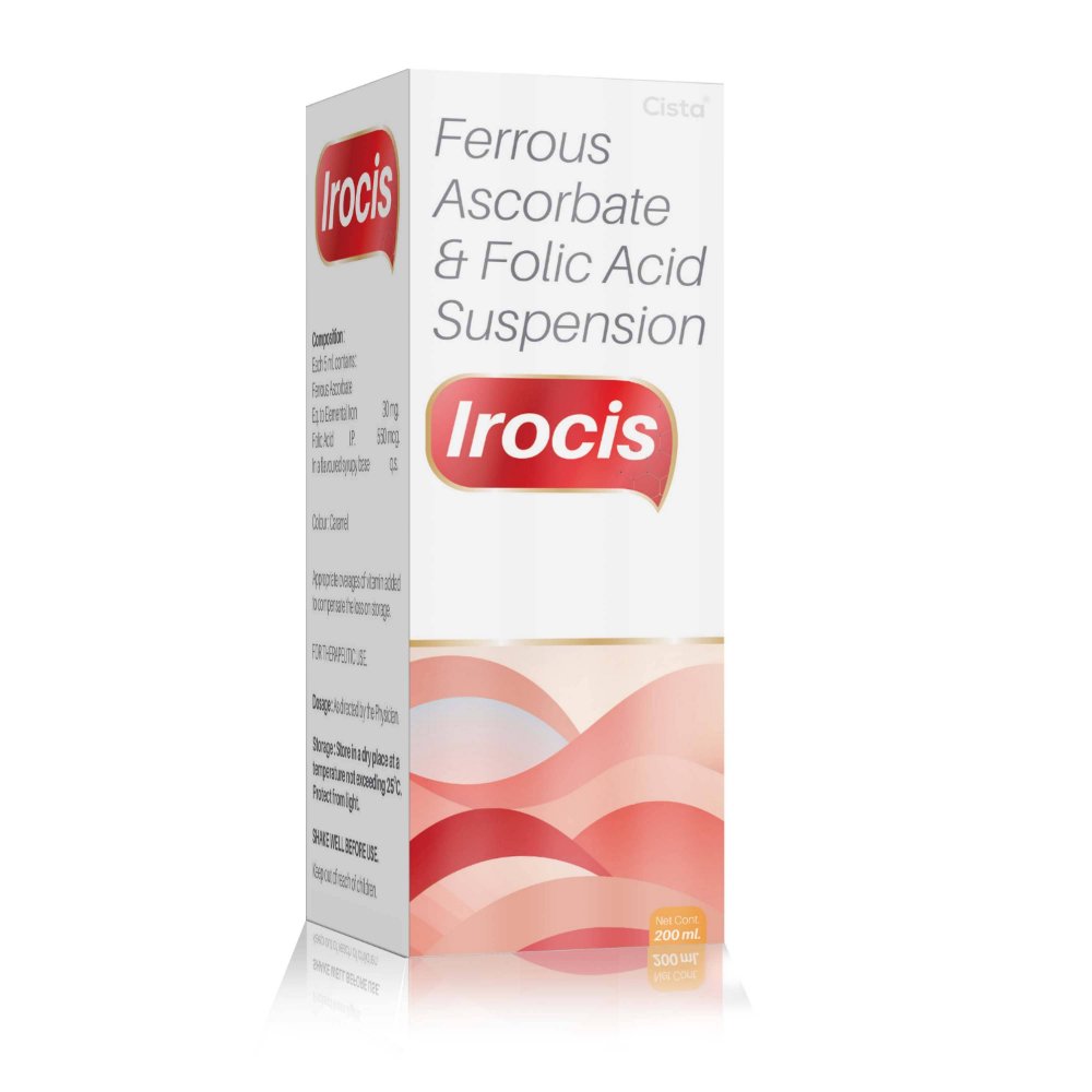 Ferrous Ascorbate & Folic Acid Suspension – IROCIS Suspension, Compositions of Ferrous Ascorbate & Folic Acid Suspension – IROCIS Suspension are Ferrous Ascorbate 30mg,Folic Acid 500  mcg Syrup, Ferrous Ascorbate & Folic Acid Suspension – IROCIS Suspension offered by CistaMedicorp