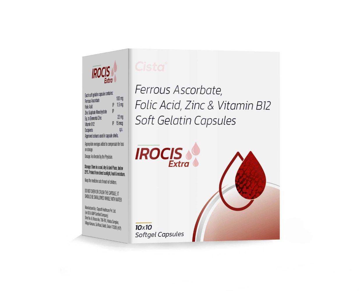 Ferrous Ascorbate, Folic Acid, Zinc & Vitamin B12 Soft Gelatin Capsules – Irocis Extra, Compositions of Ferrous Ascorbate, Folic Acid, Zinc & Vitamin B12 Soft Gelatin Capsules – Irocis Extra are Ferrous Ascorbate + Folic Acid + Zinc, Ferrous Ascorbate, Folic Acid, Zinc & Vitamin B12 Soft Gelatin Capsules – Irocis Extra offered by CistaMedicorp