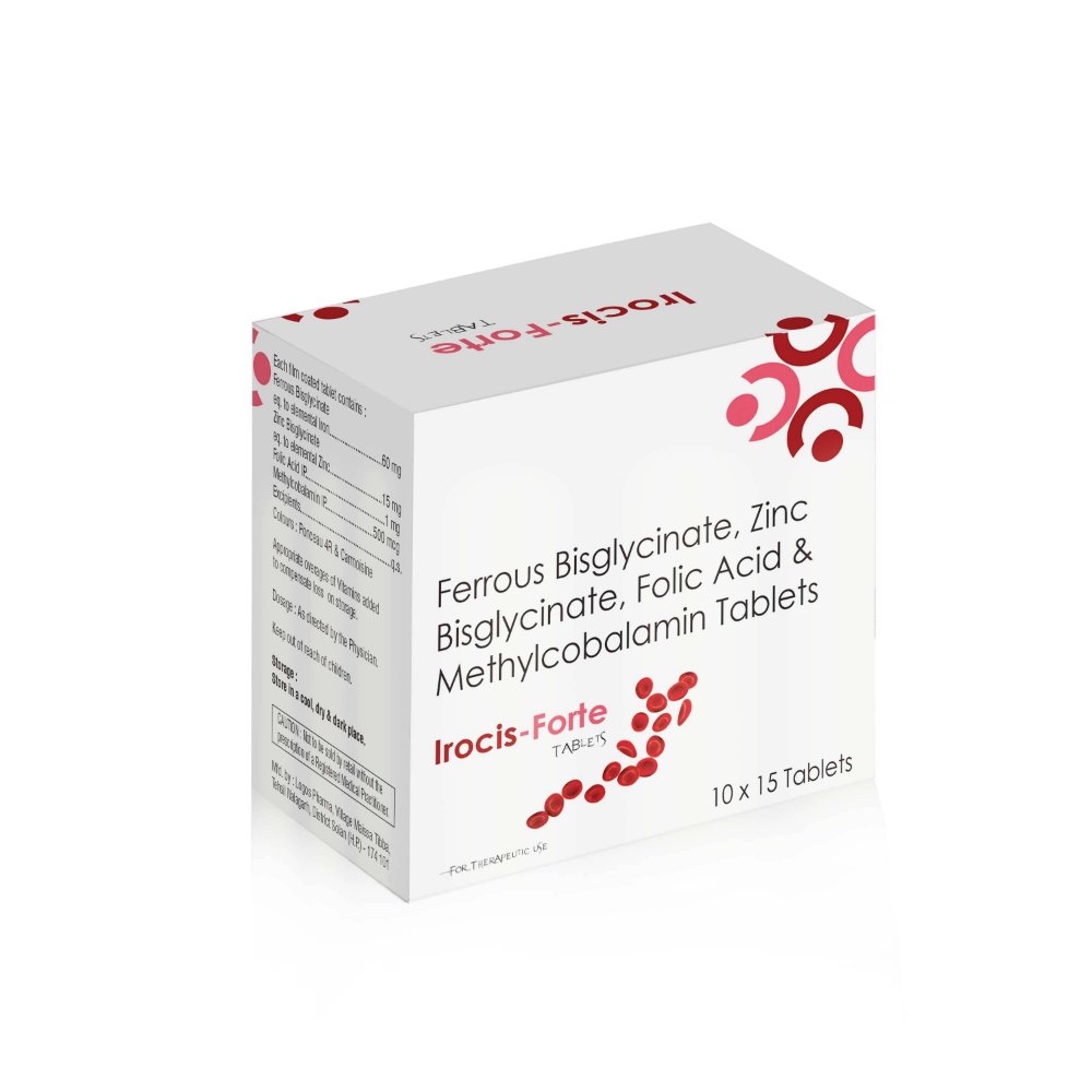 Ferrous Bis-Glycinate, Zinc Bis-Glycinate, Folic Acid & Methylcobalamin Tablets – Irocis Forte Tablets, Compositions of Ferrous Bis-Glycinate, Zinc Bis-Glycinate, Folic Acid & Methylcobalamin Tablets – Irocis Forte Tablets are Ferrous Bis- Glycinate eq. to elemental iron 60mg + Zinc Bis- Glycinate eq. to elemental zinc 15 mg + Folic Acid 1 mg+ Methylcobala min 500 mcg, Ferrous Bis-Glycinate, Zinc Bis-Glycinate, Folic Acid & Methylcobalamin Tablets – Irocis Forte Tablets offered by CistaMedicorp