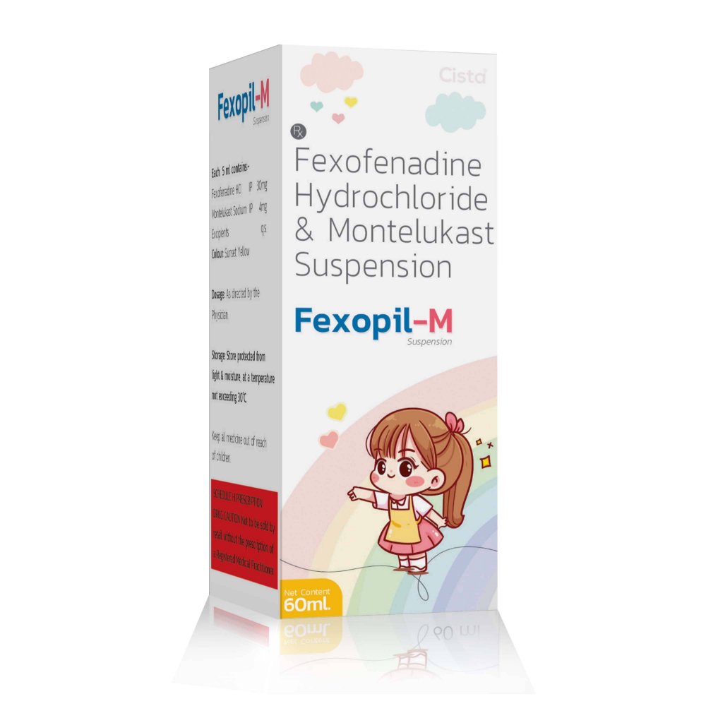 Fexofenadine Hydrochloride & Montelukast Suspension – Fexopil M, Compositions of Fexofenadine Hydrochloride & Montelukast Suspension – Fexopil M are Fexofenadine 30 mg + Montelukast 4 mg, Fexofenadine Hydrochloride & Montelukast Suspension – Fexopil M offered by CistaMedicorp