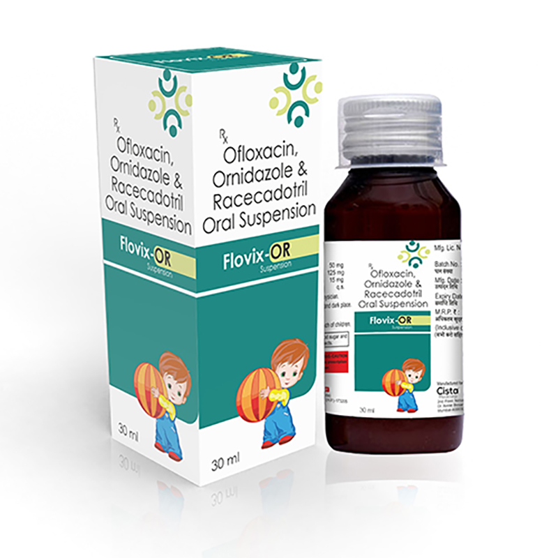 Flovix OR Suspension with Ofloxacin 50 mg+ Ornidazole 125 mg +  Racecadotril 15 mg 