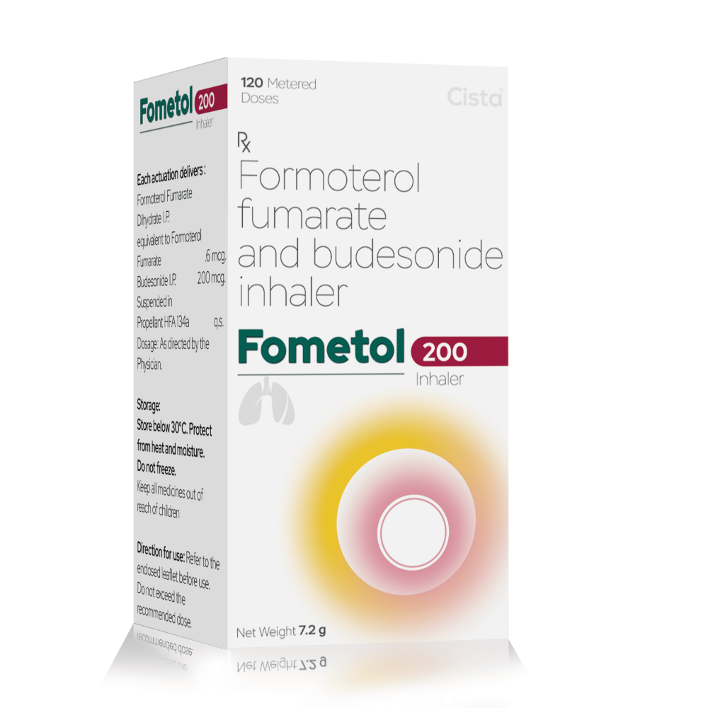 Formoterol Fumarate & Budesonide Inhaler – FOMETOL 200, Compositions of Formoterol Fumarate & Budesonide Inhaler – FOMETOL 200 are Formoterol Fumarate 6MCG+Budesonide 200 MCG, Formoterol Fumarate & Budesonide Inhaler – FOMETOL 200 offered by CistaMedicorp