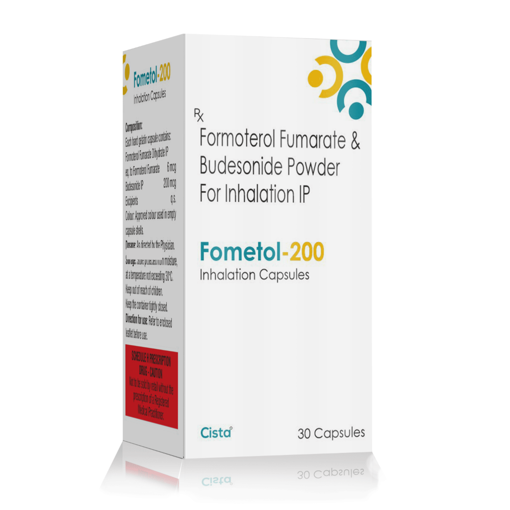 Formoterol Fumarate & Budesonide Powder for Inhalation IP – Fometol-200 Inhalation Capsules, Compositions of Formoterol Fumarate & Budesonide Powder for Inhalation IP – Fometol-200 Inhalation Capsules are Each Hardgel Capsule contains :- Formoterol Fumarate 6MCG, Budesonide 200 MCG, Formoterol Fumarate & Budesonide Powder for Inhalation IP – Fometol-200 Inhalation Capsules offered by CistaMedicorp